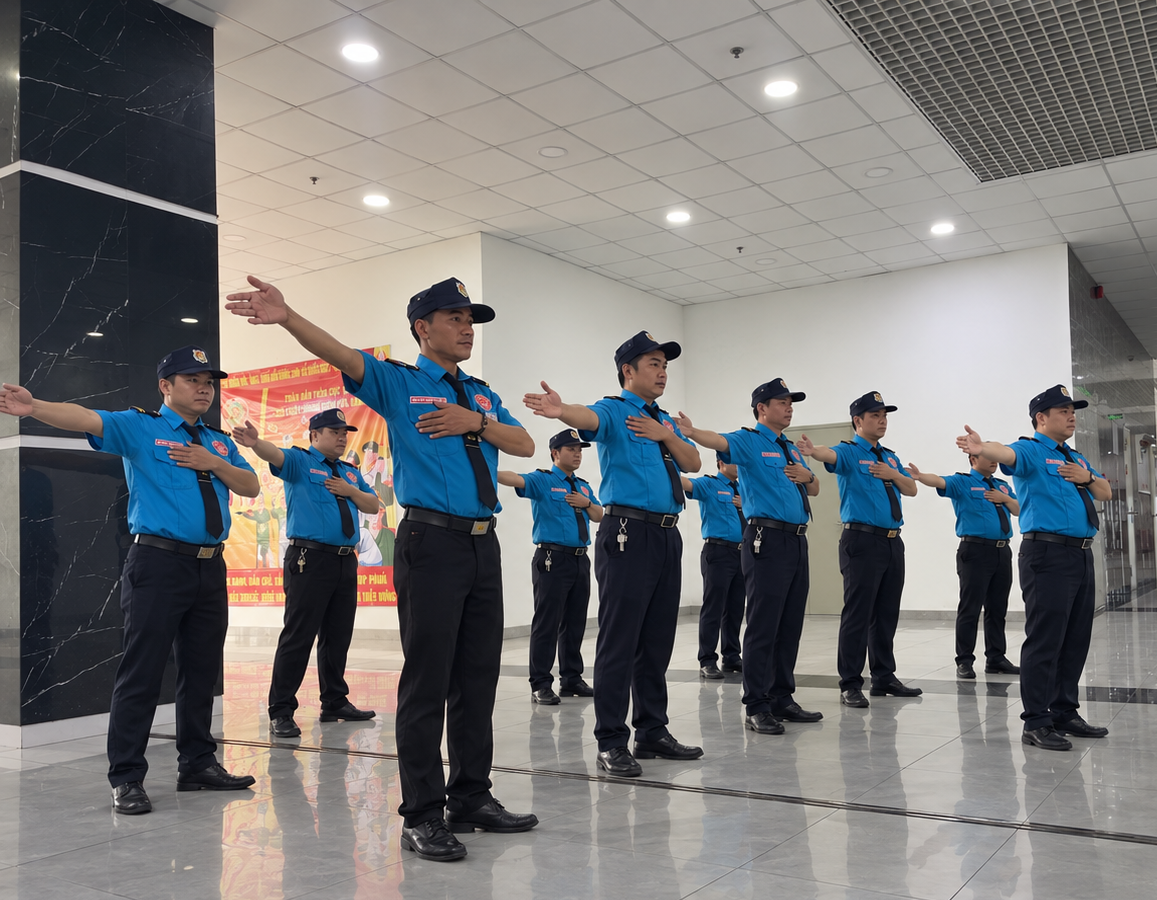 Đội ngũ bảo vệ An Ninh Cảnh Vệ với tác phong chỉnh tề tại sảnh tòa nhà