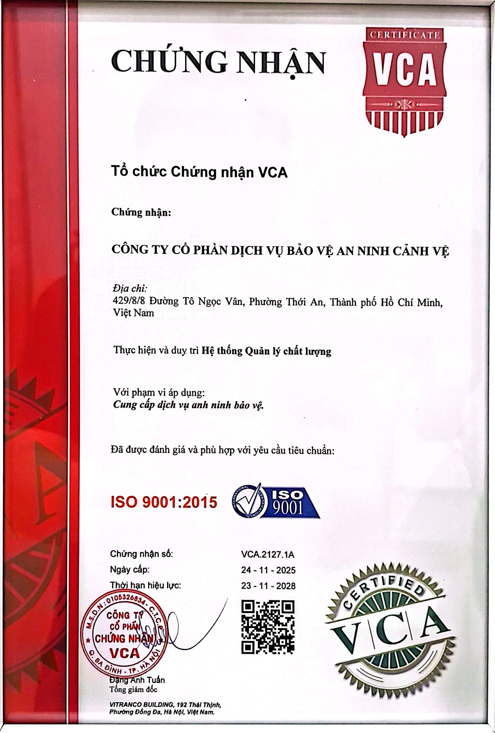 Giấy chứng nhận quản lý hệ thống chất lượng